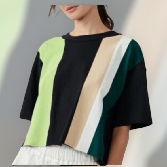 FP Movement Inspire Tee Printed Vertical Multi Colored Stripe Cream/Pink Combo - Picture 1 of 10